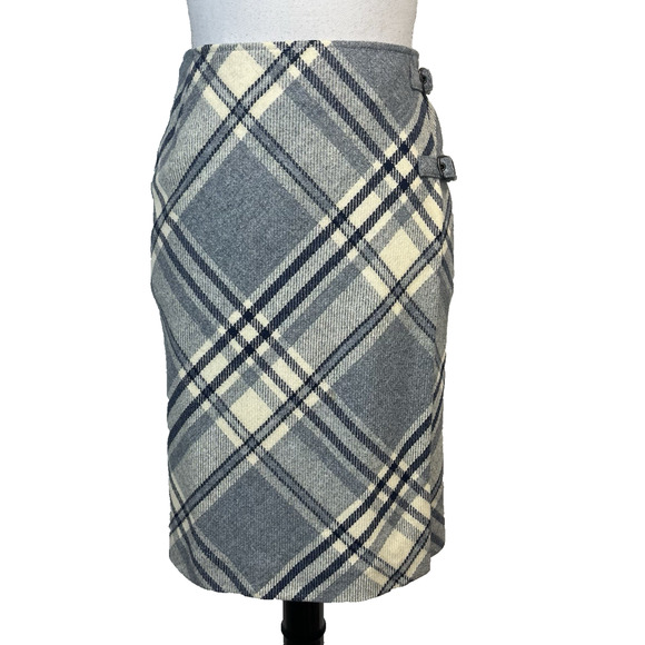 Liz Claiborne Skirt sz 10 Blue Gray Wool Plaid Wrap Knee Preppy Equestrian Polo - Picture 1 of 6